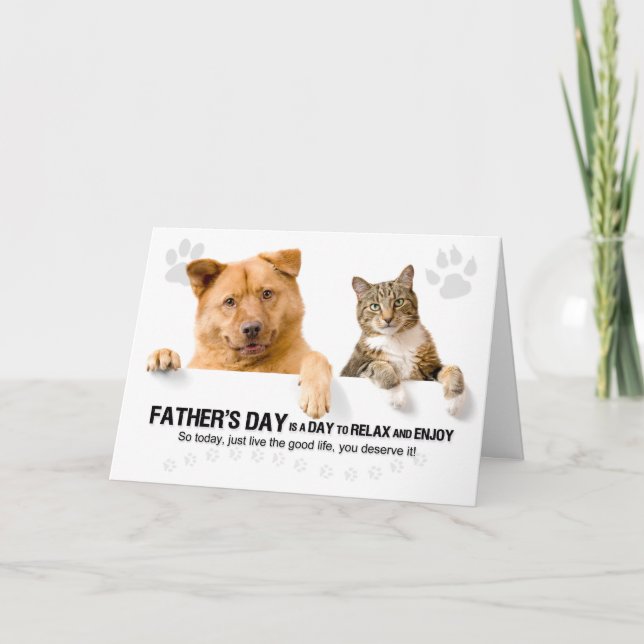 Father's Day Funny Cat and Dog on White Holiday Card (Front)