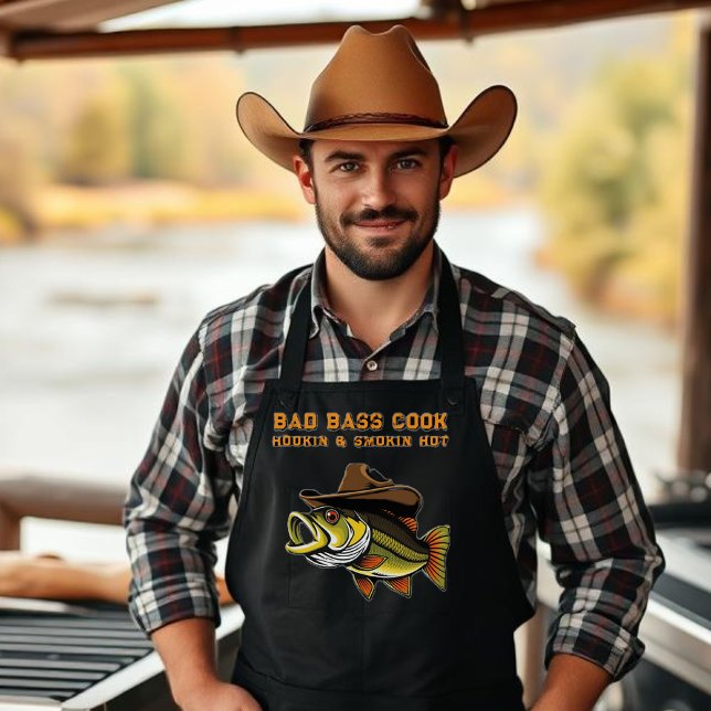Fathers Day Funny Fish wearing a Cowboy Hat  Apron (Funny Apron for him-Fish with a Cowboy hat-Bass Fish-Fisherman Core-Gifts for Him-Father's Day Gift)