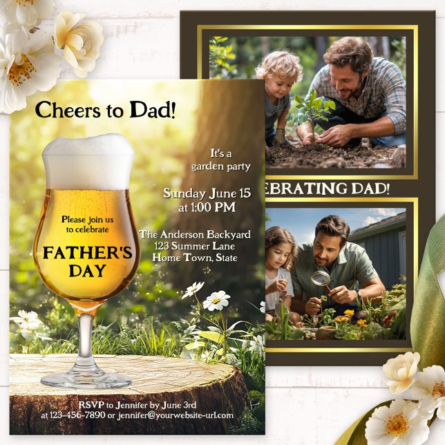 Father's Day Garden Photo Party Invitation (Father's Day backyard party invitation featuring a beer in the garden with photos on the back)