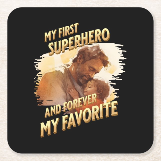 Father's Day Gift | My First Superhero Square Paper Coaster (Front)
