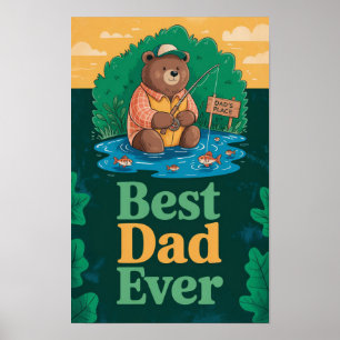 Father's Day greeting with cute bear fishing Poster