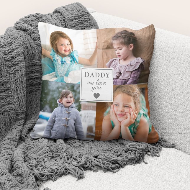 Father's Day Hear We Love You Dad 4 Photo Collage Cushion (Cute custom photo collage "Daddy We Love You" throw pillow.)