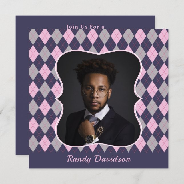 Fathers Day Photo Blue Pink Argyle Dinner Party Invitation (Front/Back)