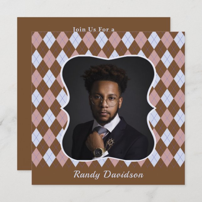 Fathers Day Photo Brown Pink Argyle Dinner Party Invitation (Front/Back)