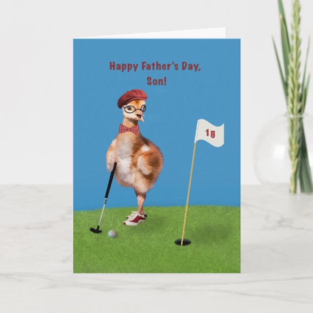 Father's Day, Son, Humourous Bird Playing Golf Card (Front)