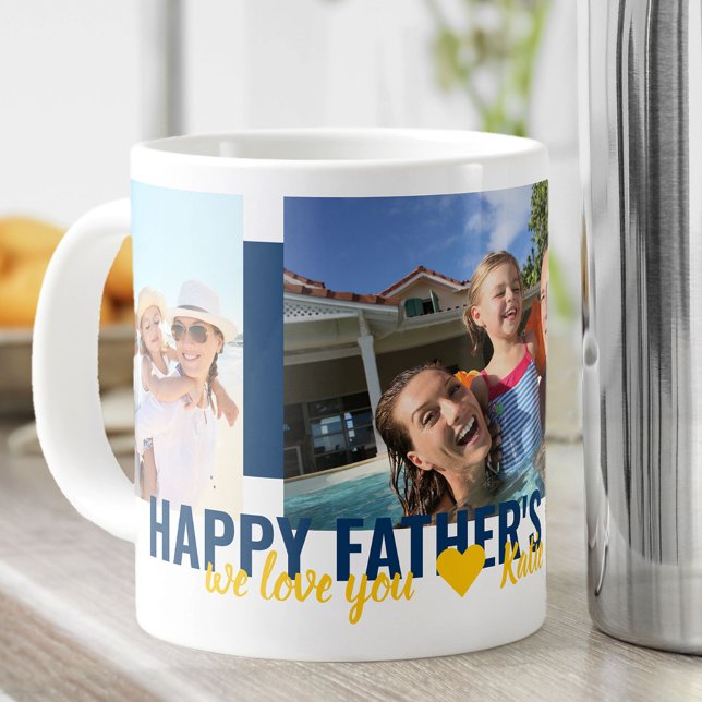 Fathers Day We Love You 3 Photo Bold Blue Large Coffee Mug (Creator Uploaded)