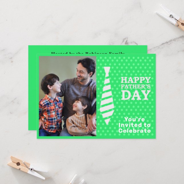 Fathers Day White Tie Light Green Dots Photo Party Invitation (Front/Back In Situ)