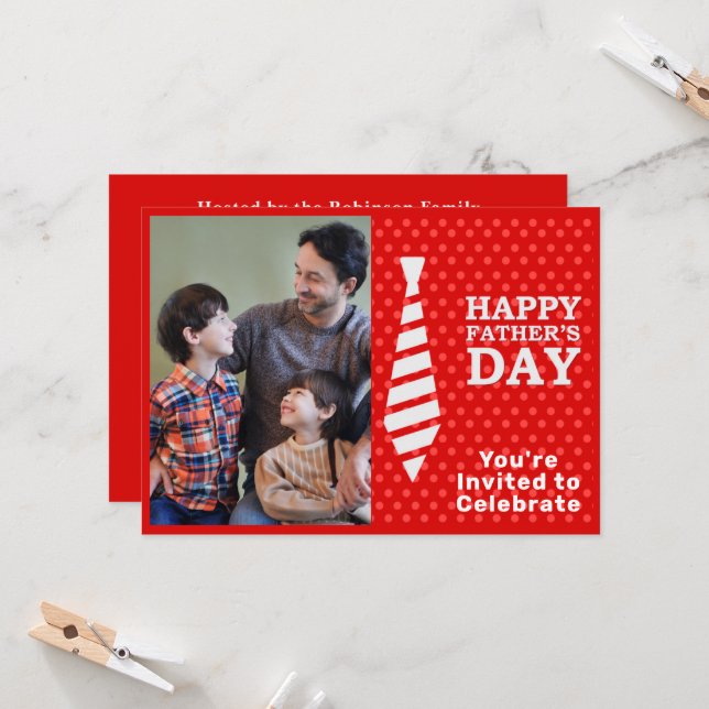 Fathers Day White Tie Red Dots Add Photo Party Invitation (Front/Back In Situ)