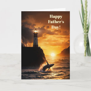 Fathers Day with Lighthouse Whale Sunset Ocean Card