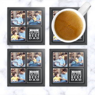Father's Day World's Best Dad 3-Photo Collage Grey Glass Coaster