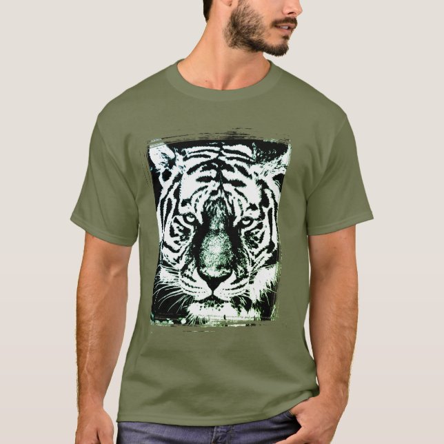 Fatigue Green Colour Pop Art Tiger Head Modern T-Shirt (Front)