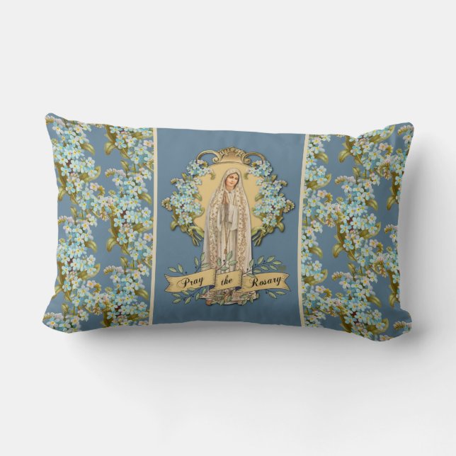 Fatima Virgin Mary Blue Floral Rosary  Lumbar Cushion (Back)