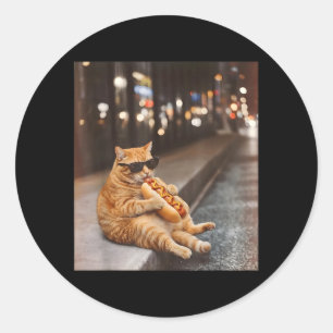 Fatty Red Cat Eating Hot Dog Funny Glizzy Meme Hot Classic Round Sticker
