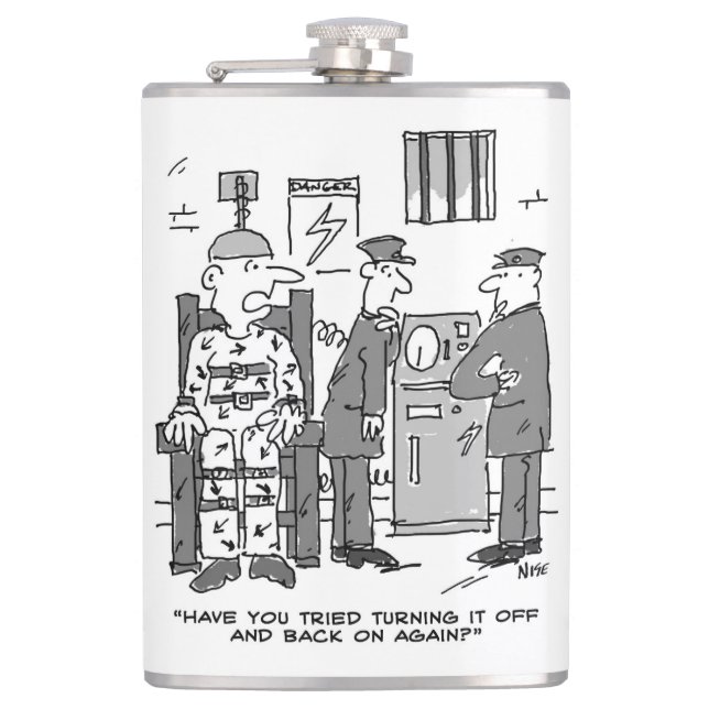 Faulty Electric Chair Cartoon - Funny Hip Flask (Front)