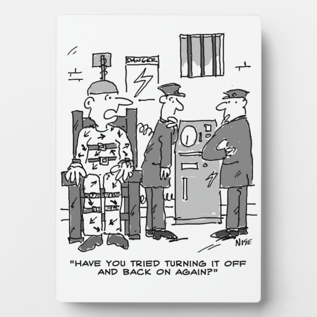Faulty Electric Chair Cartoon - Funny Plaque (Front)