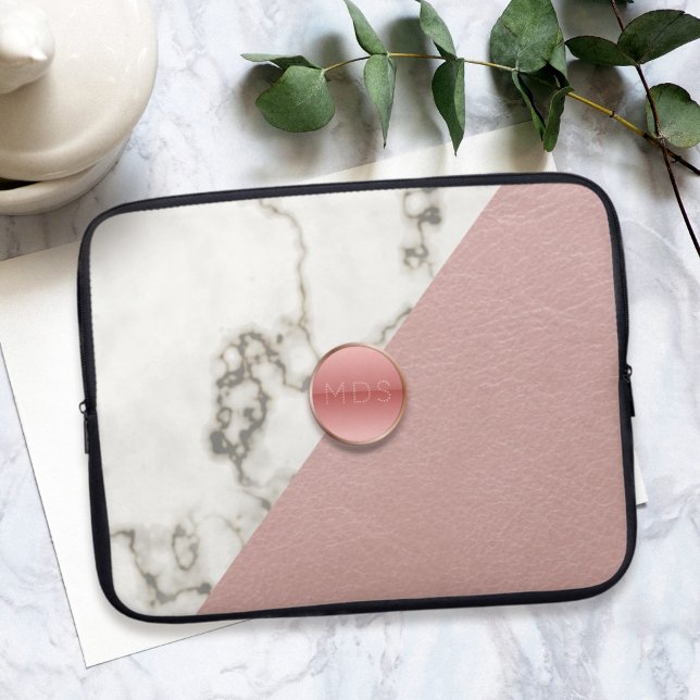 Faux 3D Blush Pink Leather Marble Monogram Laptop Sleeve (Blush Pink Geometric Modern Marble Monogram Laptop Sleeve. Just add your initials)