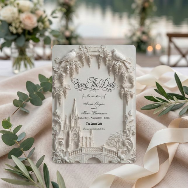 Faux 3D Embossed Relief Cream Baroque Cathedral Save The Date (Creator Uploaded)