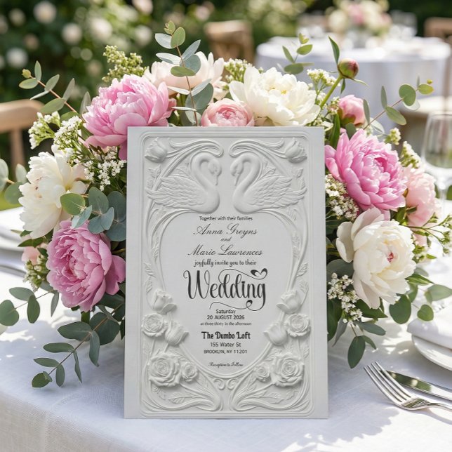 Faux 3D Embossed White Swan Floral Formal Wedding Invitation (Creator Uploaded)