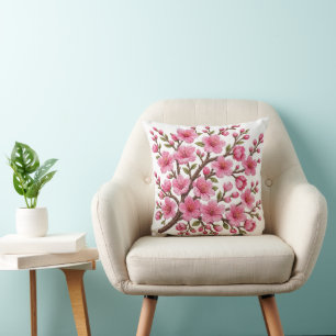 Faux 3D Embroidered Sakura Branch Illustration Cushion