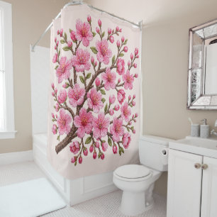 Faux 3D Embroidered Sakura Branch Illustration Shower Curtain