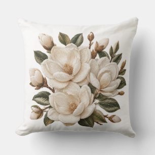 Faux 3D Embroidered White Magnolia Illustration Cushion