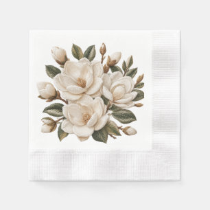 Faux 3D Embroidered White Magnolia Illustration Napkin