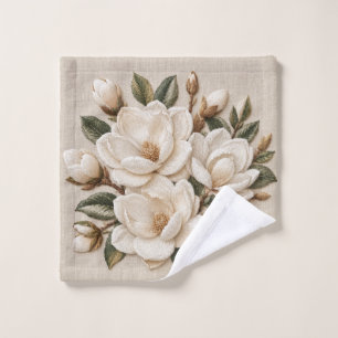 Faux 3D Embroidered White Magnolia Illustration Wash Cloth