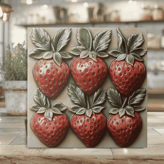 Faux 3D Glazed Italian Strawberries Ceramic Tile (Strawberry ceramic tile with faux 3D effect for Italian and country kitchen decor cottaage core)