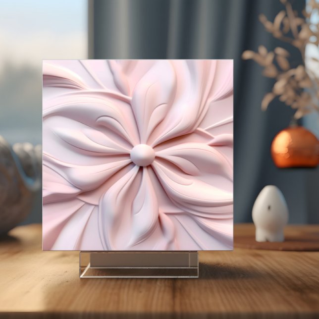 Faux 3D Pink Floral Swirl Decorative Ceramic Tile (Tile displayed on your own stand.)