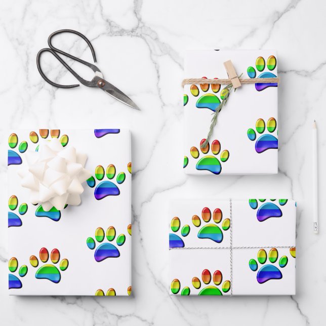 Faux 3D Rainbow Dog Paw Prints Wrapping Paper Sheet (Front)