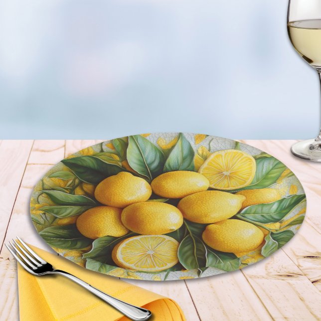 Faux 3D Sicilian Lemons Paper Plate (Faux 3D "Ceramic Style" Sicilian Lemons and Leaves Paper Plate for Italian Parties)