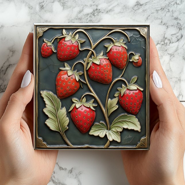 Faux 3D Strawberry Vintage Ceramic Tile Print (Vintage Faux 3D Strawberries on Vine with Faux Raised Brass Detail - Kitchen Accent or Shower Favor)