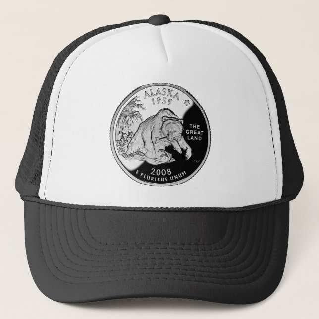 Faux Alaska State Quarter The Great Land Grizzly Trucker Hat (Front)