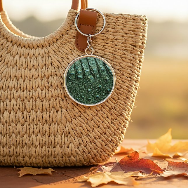 Faux Alligator Leather Print Key Ring (Green Alligator Skin Texture Keychain)