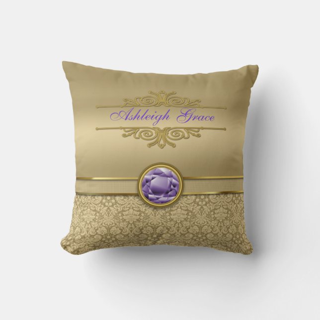 Faux Amethyst Gemstone Shiny Metallic Gold Damask Cushion (Front)