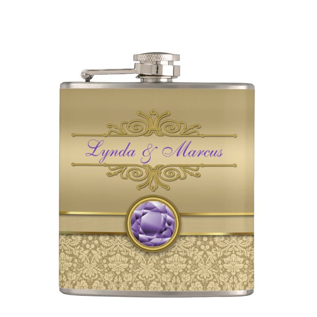 Faux Amethyst Gemstone Shiny Metallic Gold Damask Hip Flask (Front)