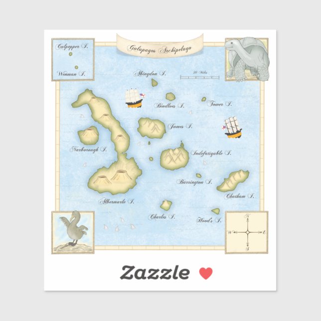 Faux Antique Galapagos Archipelago Map With Ships (Sheet)