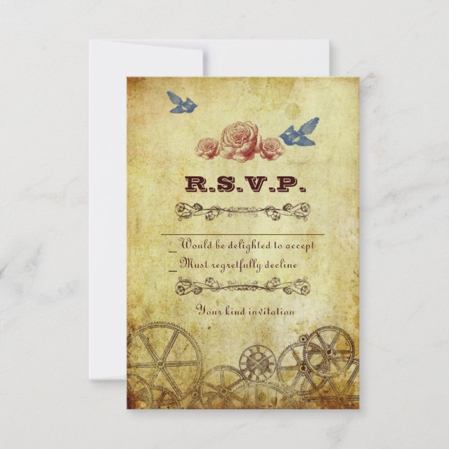 Faux Antique Gold Victorian Steampunk Wedding RSVP Card (Front)
