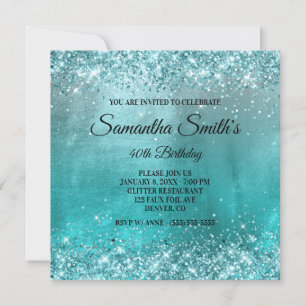 Faux Aqua Blue Glitter and Foil 40th Birthday Invitation
