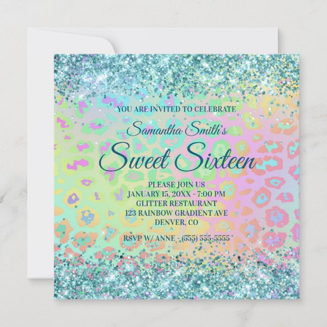 Faux Aqua Blue Glitter Rainbow Leopard Gradient Invitation (Front)
