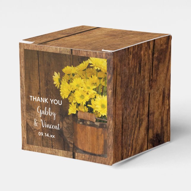 Faux Barn Wood Bucket and Yellow Daisies Wedding Favour Box (Front Side)