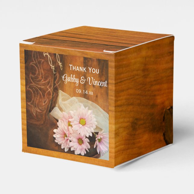 Faux Barn Wood Pink Daisies Cowboy Boots Wedding Favour Box (Front Side)