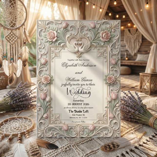 Faux Bas Relief 3D Sculpted Swans Invitation (Creator Uploaded)