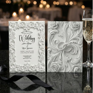 Faux Bas Relief Ornate White Wedding Invitation