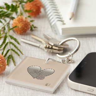 Faux Beveled Love U & Rose Champaign design Key Ring