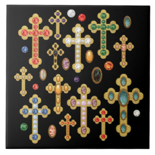Faux Birthstone Crosses and Loose Gems on Black Ceramic Tile