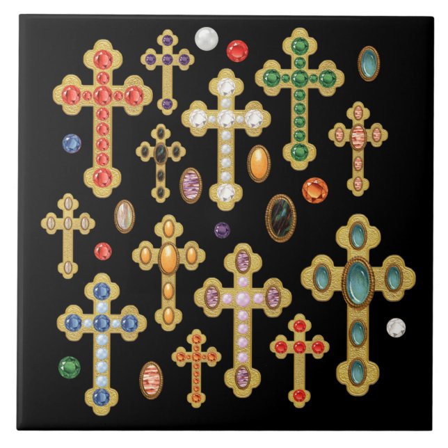 Faux Birthstone Crosses and Loose Gems on Black Ceramic Tile (Front)