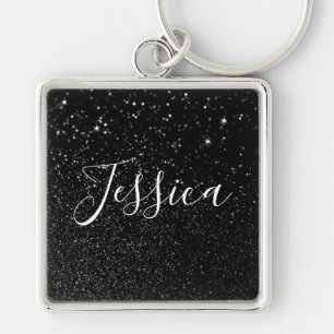 Faux Black Glitter Bokeh Photo Personalised Key Ring