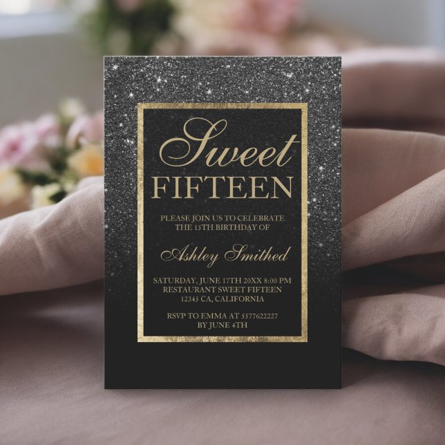 Faux black glitter gold elegant chic Sweet 15 Invitation (Faux black glitter gold elegant chic Sweet 15 Invitation)