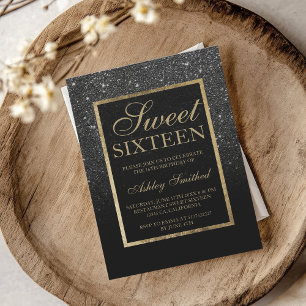 Faux black glitter gold elegant chic Sweet 16 Invitation